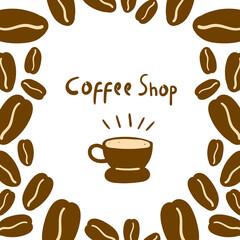 Coffee shop poster background with cup and brown coffee beans isolated on white background.
