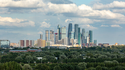 Panoramic view of the Moscow business center. Moscow City. Skyscrapers of Moscow. Contemporary Russian architecture.