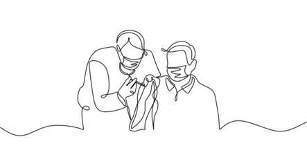 One continuous line of a male doctor injecting vaccine to a man isolated on white background.