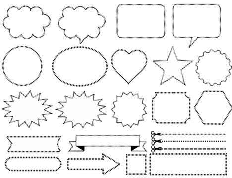 Set of hand drawn frames or labels.Scissor cut line.Set of dashed line shapes.Banner, tag and white template.Text box and blank stickers.Sign, symbol, icon or logo.Flat design.vector illustration.