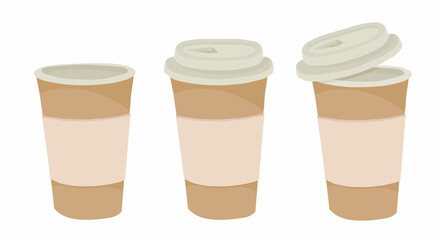 A paper coffee cup with a plastic lid. Coffee to go. Full-color vector illustration on a white background.