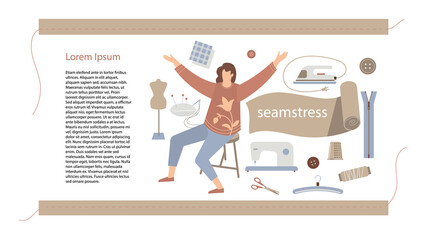 The seamstress and her tools. Page template with text and illustration in a modern flat design