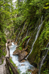 Beautiful Wimbachklamm gorge with wooden path at Ramsau bei Berchtesgaden in Germany