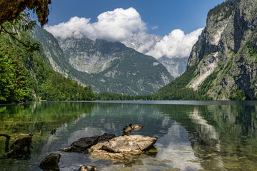 Obersee Lake behind the Watzmann massif, Salet at Koenigssee, Berchtesgaden National Park, Bavaria, Germany, Europe