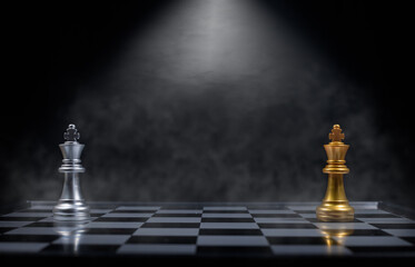 Chess board game between king silver team and king golden team  is stategy game as business challange competitive game ,this business stategy plan concept. © APchanel