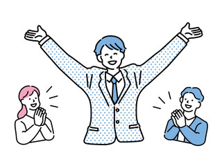 バンザイをする男性のイラスト(合格、内定、就活、卒業、昇進、おめでとう、お祝い、応援、ガッツポーズ、ステップアップ) Passing, job hunting, achievements, promotion, congratulations, congratulations, happy, guts pose, step-up
