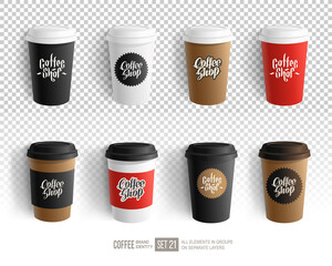 Realistic vector Paper Coffee Cups  Blank Mockups with vintage logo  for Cafe, Restaurant brand identity design and logo presentation. Black, White, Red Brown paper Coffee Cup