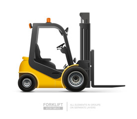 Realistic forklift truck warehouse  loader vector template. Delivery, logistic and shipping. Warehouse and storage equipment. Cargo electric forklift