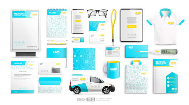 Stationery branding identity items vector mockup template. Medical Clinic corporate identity stationery Mockup template. Pharmcy branding mockup of brochure, advertising city lightbox, letterhead