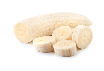 banana slice and half whole banana fruit isolated on white. sweet organic food