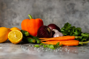 Close Up of Colorful Fresh Vegetables and Herb Ingredients in a Kitchen