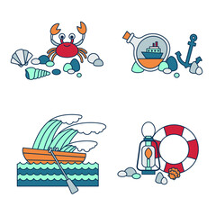 Set of four nautical themed colorful icons. Boat, crab, anchor, seashells and more. Vector illustration