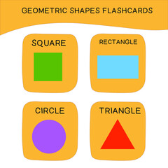 Geometric shapes name flashcards. Different shapes. Educational children game for learning geometric forms. Printable math flashcards. Vector illustration in cartoon style. 