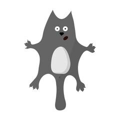 Illustration of a surprised gray cat. The cat lies on its back and is curled up by its paws. Cute gray fat cat. Flat style. The cat ate too much