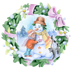 Christmas and New Year  illustration. Friendship, hugs, baby, snowman and cat. Watercolor hand drawn illustration, isolated on white