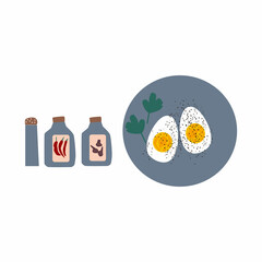 Cooking lunch, dinner, breakfast. Natural product. Soft boiled eggs in a plate and pepper mill, garlic mill and salt. Vector illustration