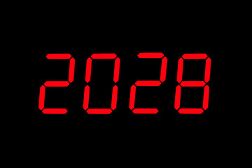 The dial of the electronic clock which shows the year 2028