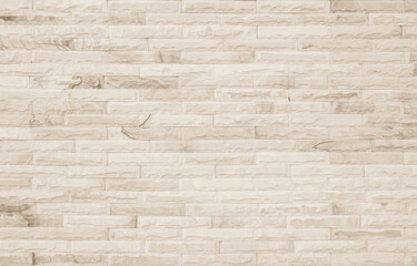 Empty background of wide cream brick wall texture. Beige old brown brick wall concrete or stone textured decor design backdrop.
