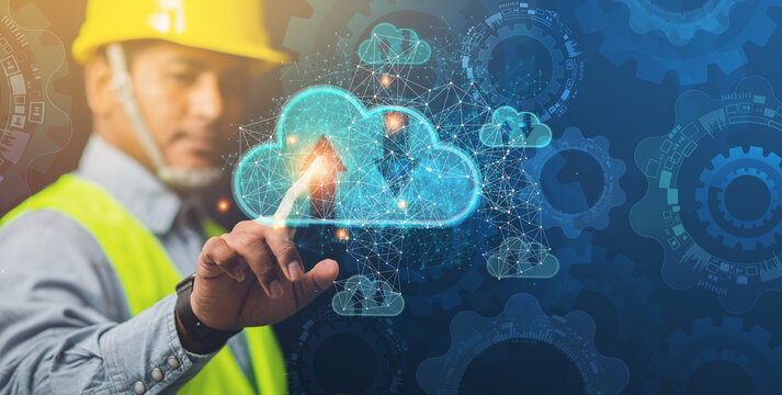 Engineers or business people show modern innovations in cloud storage automation industry, data optimization concepts.
