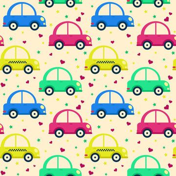 Pattern baby cars of different colors on a creamy background, vector illustration. Cute vehicles are driving. Template for wallpaper, fabric, packaging and design.