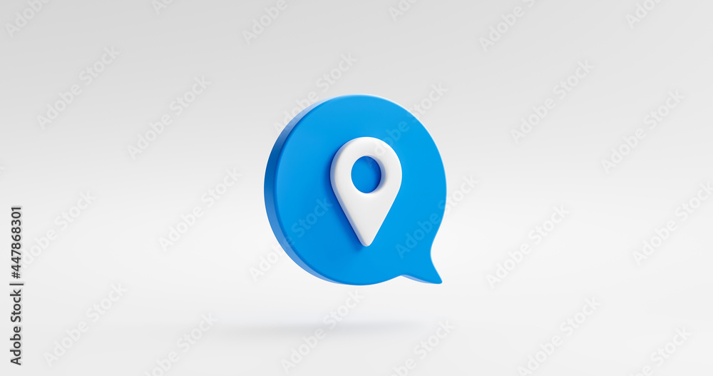 Fototapete Blue location pictogram icon symbol or map pointer marker navigation pin gps mark isolated on white background with position place and flat design. 3D rendering.
