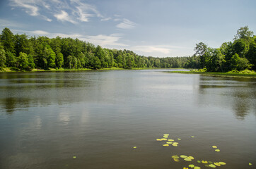 Kazdanga village mill lake in sunny summer day, Latvia.
