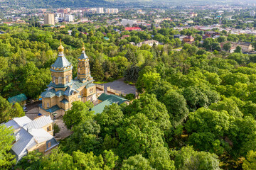 Fototapeta na wymiar Aerial view of Lazarus church (Lazarevskaya church, 1902) on sunny summer day. Pyatigorsk, Stavropol Krai, Caucasus, Russia.