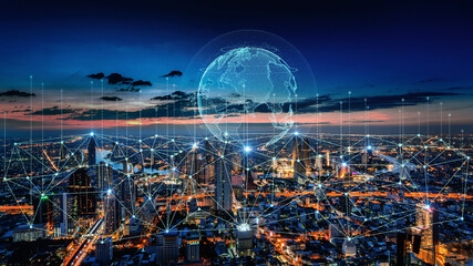 Smart connection network system, smart city network concept, 5G wireless connection.
