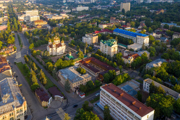 Fototapeta premium Aerial view of central part of Pyatigorsk on summer sunrise. Stavropol Krai, Caucasus, Russia.