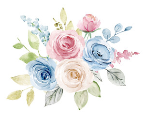 Pink and blue flowers, leaves watercolor floral clip art. Bouquet perfectly for printing design on invitations, cards, wall art and other. Isolated on white background. Hand painting.
