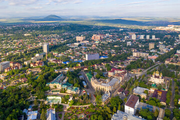 Drone view of Pyatigorsk on sunny day. Stavropol Krai, Caucasus, Russia.