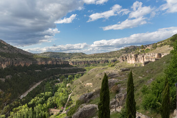 Fototapeta na wymiar Amazing view at the Enchanted City in Cuenca, a natural geological landscape site in Cuenca city, Spain
