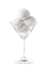 ice cream scoops in cocktail glass on white background