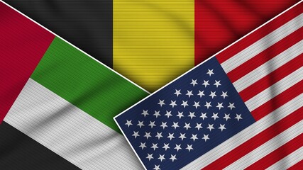Belgium United States of America United Arab Emirates Flags Together Fabric Texture Effect Illustration