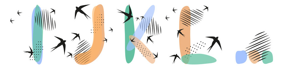 Set of  hand drawn letters I, J, K, L. Flock of swallows is flying. Abstract objects, spots, dots, shadows with black ink and feathers. Vector illustration, birds, pastel colors.