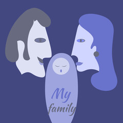 My Family banner happy family composition. Two parents and child. Vector illustration cartoon flat.