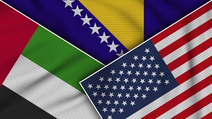Bosnia and Herzegovina United States of America United Arab Emirates Flags Together Fabric Texture Effect Illustration