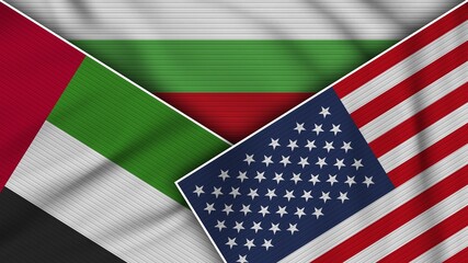 Bulgaria United States of America United Arab Emirates Flags Together Fabric Texture Effect Illustration