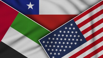 Fototapeta premium Chile United States of America United Arab Emirates Flags Together Fabric Texture Effect Illustration