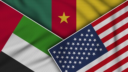 Cameroon United States of America United Arab Emirates Flags Together Fabric Texture Effect Illustration