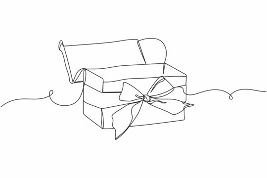 Continuous one line of present gift box with ribbon bow christmas style in silhouette on a white background. Linear stylized.Minimalist.