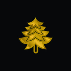 Big Pine Tree Shape gold plated metalic icon or logo vector