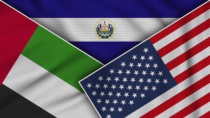 El Salvador United States of America United Arab Emirates Flags Together Fabric Texture Effect Illustration