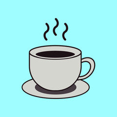 Obraz premium Coffee mug with steam in flat design style on blue background. Cup of Fresh Coffee. Vector Illustration. Clip Art Decorative Design for Cafeteria, Posters, Banners, Cards. Vector illustration coffee.