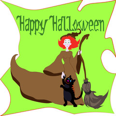 Naklejka premium a sweet and kind witch with a red black cat on a background of a half moon with a broom 