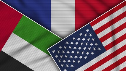 France United States of America United Arab Emirates Flags Together Fabric Texture Effect Illustration