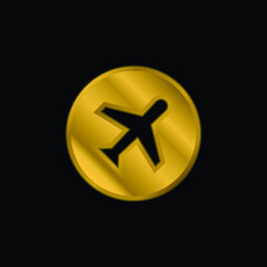 Airplane gold plated metalic icon or logo vector