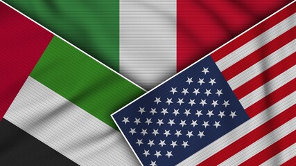 Fototapeta premium Italy United States of America United Arab Emirates Flags Together Fabric Texture Effect Illustration