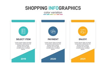 Concept of shopping process with 3 successive steps. Three colorful graphic elements. Timeline design for brochure, presentation, web site. Infographic design layout.