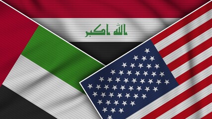 Iraq United States of America United Arab Emirates Flags Together Fabric Texture Effect Illustration